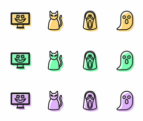Set line Funny and scary ghost mask, Happy Halloween holiday, Black cat and Ghost icon. Vector