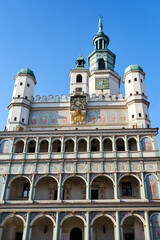 Fototapeta na wymiar The facade with stone arcades of the historic Renaissance town hall