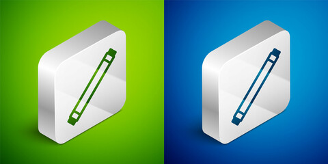 Isometric line Long luminescence fluorescent energy saving lamp icon isolated on green and blue background. Silver square button. Vector
