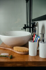 cosmetic products for body and face care in the bathroom