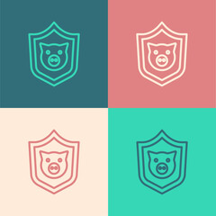 Pop art line Shield with pig icon isolated on color background. Animal symbol. Vector