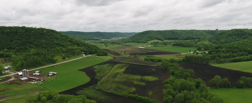 Rolling Green Hills in Wisconsin Farmland (Drone)