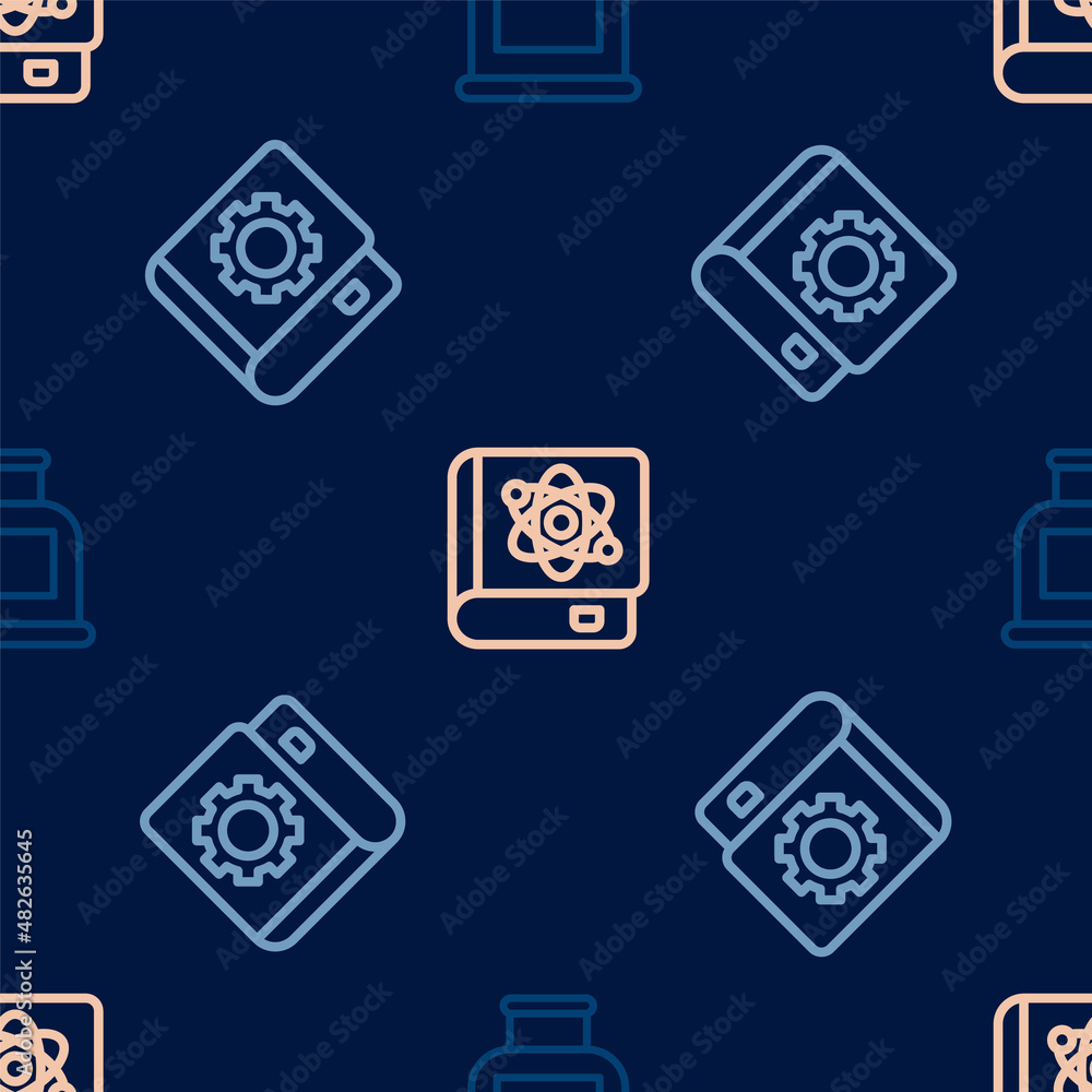 Poster set line inkwell, user manual and book about physics on seamless pattern. vector