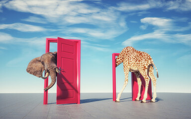 Giraffe entering a door and gets out as an elephant.