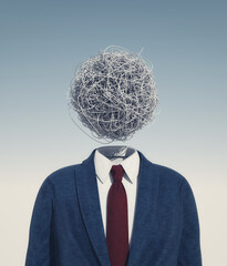 Headless businessman with chaotic wires. - obrazy, fototapety, plakaty