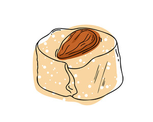 Turkish delight with almonds, oriental sweets. Hand drawn or doodle style. Flat vector illustration