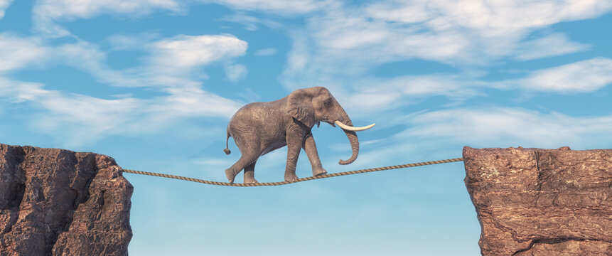 Fototapeta Elephant walks on slackline rope above a gap between two mountain peaks.