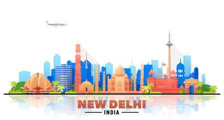 New Delhi (India ) city skyline white background. Flat vector illustration. Business travel and tourism concept with modern buildings. Image for banner or website. - obrazy, fototapety, plakaty