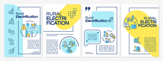 Fototapeta na wymiar Rural electrification blue and yellow brochure template. Booklet print design with linear icons. Vector layouts for presentation, annual reports, ads. Questrial-Regular, Lato-Regular fonts used