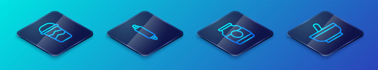 Set Isometric line Jam jar, Coffee cup to go, Mortar and pestle and Rolling pin icon. Vector