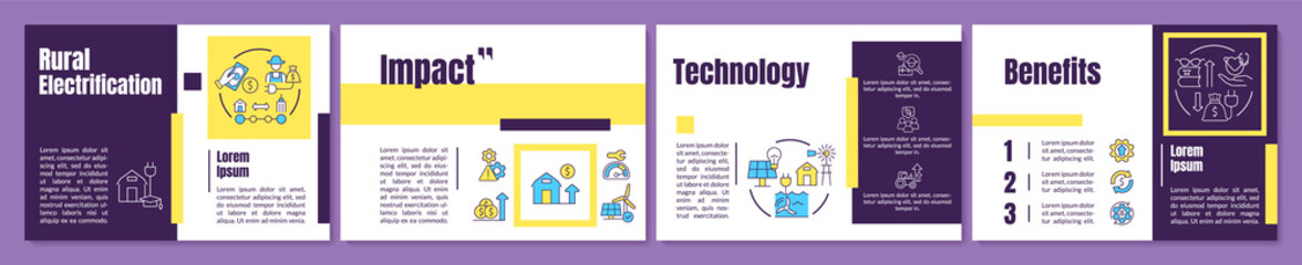 Countryside electrification purple brochure template. Booklet print design with linear icons. Vector layouts for presentation, annual reports, ads. Anton-Regular, Lato-Regular fonts used