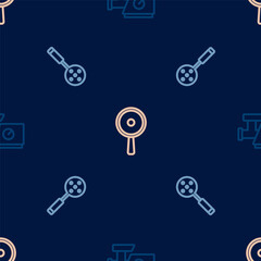Set line Kitchen meat grinder, Spatula and Frying pan on seamless pattern. Vector