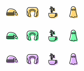 Set line Chamomile tea, Sleeping hat, Travel neck pillow and Ghost icon. Vector