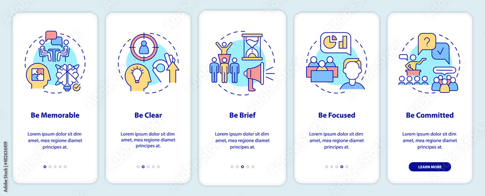 Poster business communication rules onboarding mobile app screen. be memorable walkthrough 5 steps graphic 