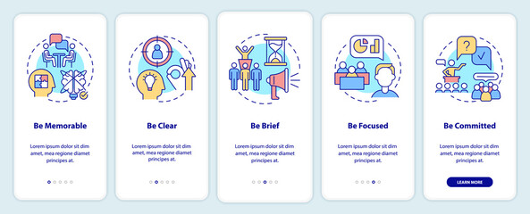 Business communication rules onboarding mobile app screen. Be memorable walkthrough 5 steps graphic instructions pages with linear concepts. UI, UX, GUI template. Myriad Pro-Bold, Regular fonts used