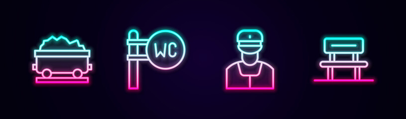 Set line Coal train wagon, Toilet, Train conductor and Waiting hall. Glowing neon icon. Vector
