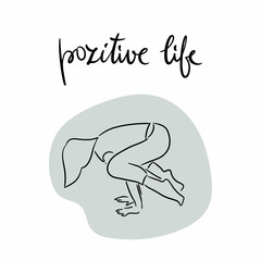 Woman meditating line art with lettering. Concept illustration for yoga, meditation, relax, recreation, healthy lifestyle. Vector illustration in line art style