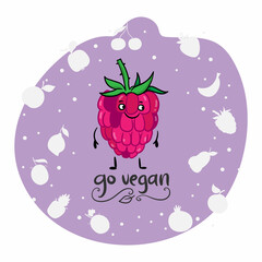 Cartoon funny raspberry fruits characters and fruits face isolated on white background vector illustration. Funny fruit face and cartoon fruit characters icon vector. Cartoon characters. 