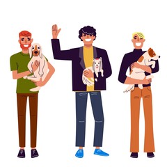 Men with dog, best friends, walk with pets, set of color flat illustrations