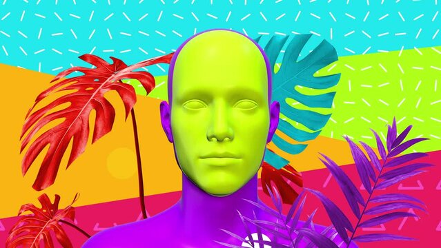Human body abstract art concept with geometric shapes and plants. Realistic 3d character man or woman in creative modern motion style. Minimal graphic colorful psychedelic design. Fashion animation.