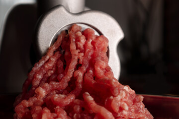 Process of preparing forcemeat by means of a meat grinder. Fresh red mincing close-up on black...