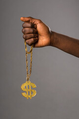 Crop person showing necklace with dollar symbol