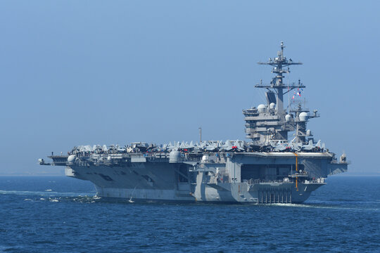 United States Navy aircraft carrier USS Carl Vinson sailing in Tokyo Bay.