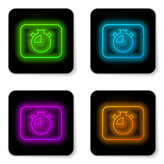 Glowing neon line Stopwatch icon isolated on white background. Time timer sign. Chronometer sign. Black square button. Vector