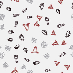 Set line Fire extinguisher, Engine piston, Racing helmet and Traffic cone on seamless pattern. Vector