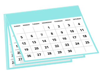 Blue calendar icon. black text and numbers isolated on white background. vector illustration