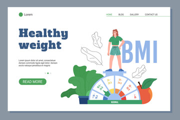 Healthy weight and BMI concept of web banner, flat cartoon vector illustration.