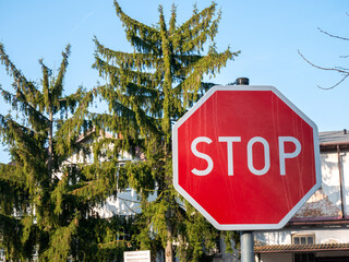 Stop red road sign on green trees background