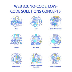 Web 3 0 concept icons set. Easy software development. No code solutions idea thin line color illustrations. Isolated outline drawings. Editable stroke. Roboto-Medium, Myriad Pro-Bold fonts used