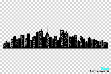 Black city silhouette with windows on transparent background. Horizontal skyline in flat style. Vector cityscape, urban panorama of night town