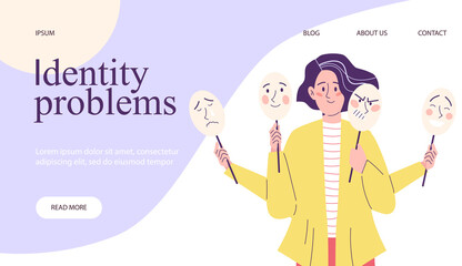 Identity problem psychological disorder website, flat vector illustration.