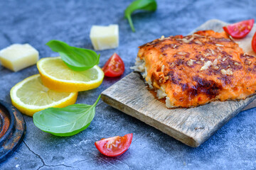  Fish bake preparated in Ticino style  with sweet gorgonzola  cheese and tomato crust