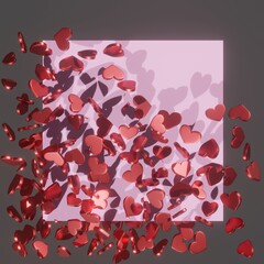 scattering of red hearts on a pink and grey background - a mountain of hearts - a bunch of valentines - 3d render - romantic mood