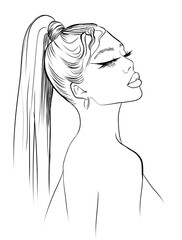 Portrait of a beautiful girl with fashion make up and ponytail hairstyle. Hand drawn illustration .Young woman image on white background.