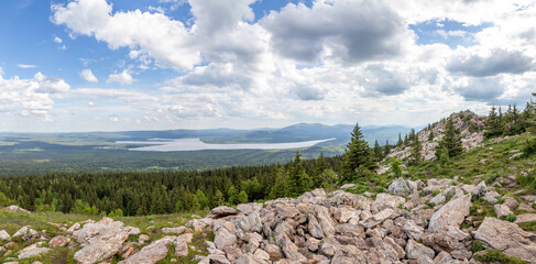 Beautiful view from the Zyuratkul ridge on the Zyuratkul lake. Zyuratkul national Park, Chelyabinsk region, Russia.