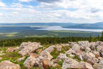 Beautiful view from the Zyuratkul ridge on the Zyuratkul lake. Zyuratkul national Park, Chelyabinsk region, Russia.