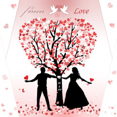 Naklejka na ściany i meble Romantic greeting illustration with white doves man and woman in love under Valentine tree with hearts. 