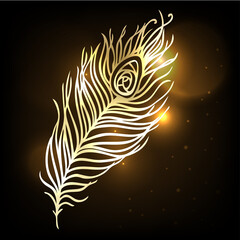 Shiny gold feather over dark background. Concept for temporary flash metallic tattoo. Vector illustration.