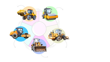 Fototapeta na wymiar Illustration of construction equipment in the form of infographics. Powerful vibratory roller and loader. Road construction equipment. Image of industrial transport for advertising and design.