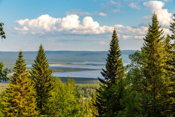 Beautiful view from the Zyuratkul ridge on the Zyuratkul lake. Zyuratkul national Park, Chelyabinsk region, Russia.