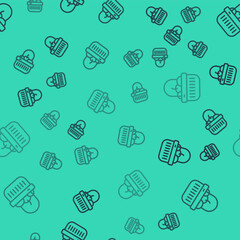 Black line Shopping basket and food icon isolated seamless pattern on green background. Food store, supermarket. Vector