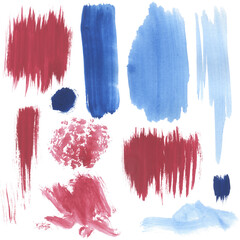 Watercolor stains blue and red. Set of isolated elements. Texture fragments.