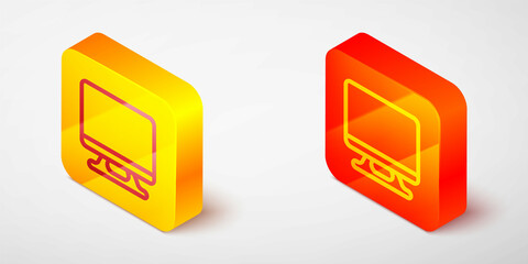 Isometric line Smart Tv icon isolated on grey background. Television sign. Yellow and orange square button. Vector