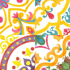 Geometric and floral ornaments. Ceramic tile decor. Watercolor seamless patterns.