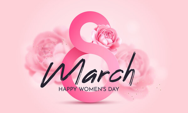 Greeting card for International Women's Day (March 8).Pink number 8 with roses on a pink background with an inscription.
