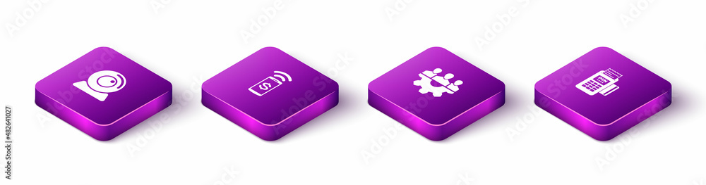 Poster set isometric web camera, contactless payment, project team base and pos terminal icon. vector